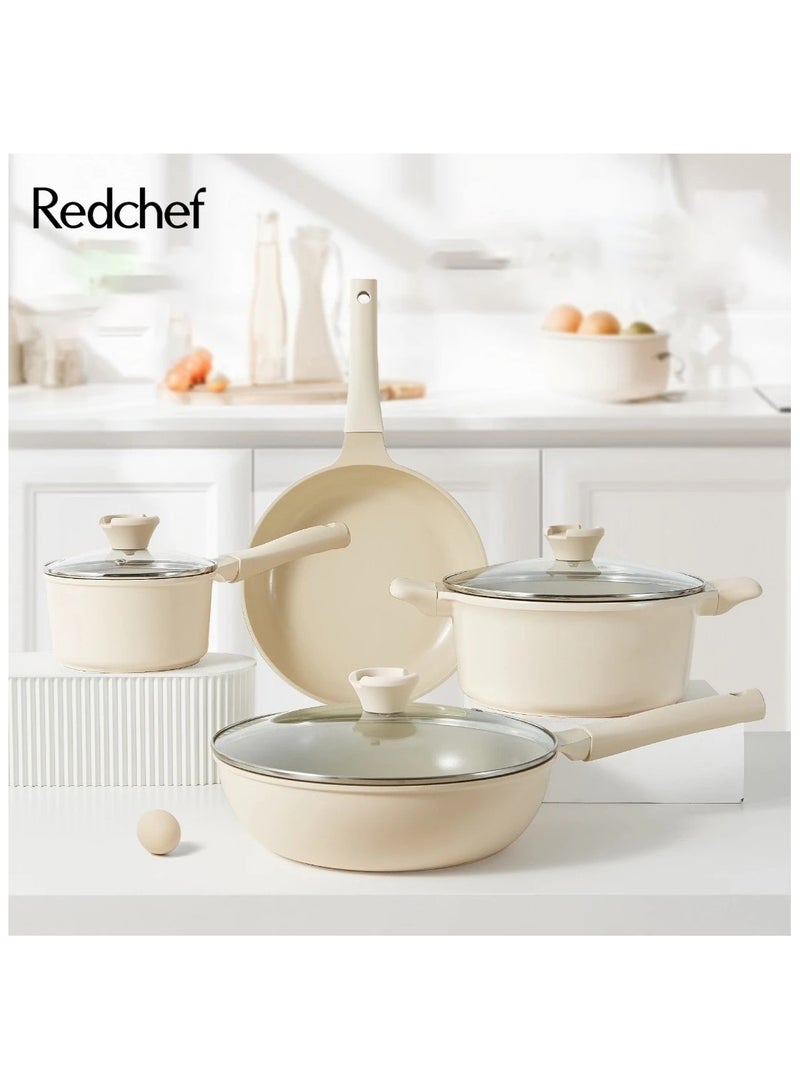 Redchef مجموعة أواني طهي سيراميكية غير لاصقة من ريد شيف، مكونة من 7 قطع، خالية من PFAS وPTFE وPFOA، مناسبة لجميع مواقد الحث، مقلاة ووك، مقلاة صلصة  - Image 1