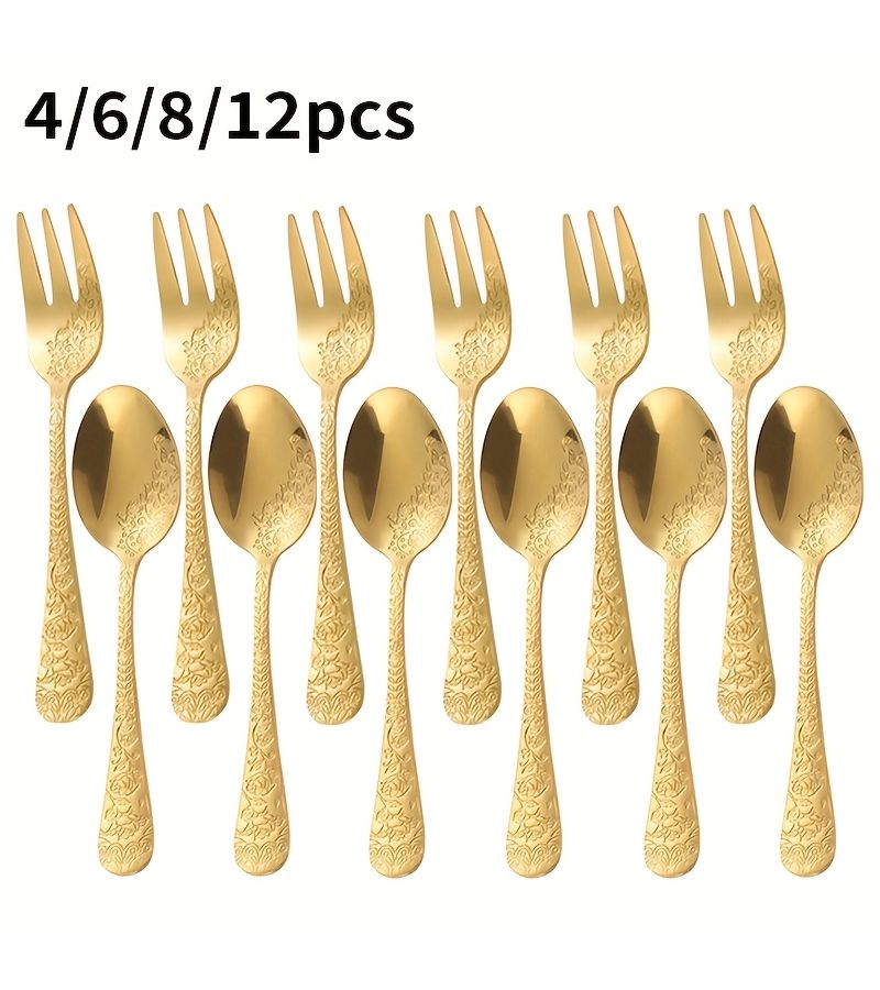 Stainless Steel Single Head Carved Dessert Fork Spoon Set 6 Pieces Household Kitchen Fruit Salad Pastry Coffee Fork Suitable For Restaurants Parties Wedding - Image 1