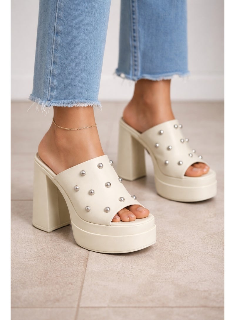 لايف ستيلاش  حذاء نسائي بكعب عالٍ من الجلد مرصع X-15 - بيج - Image 1