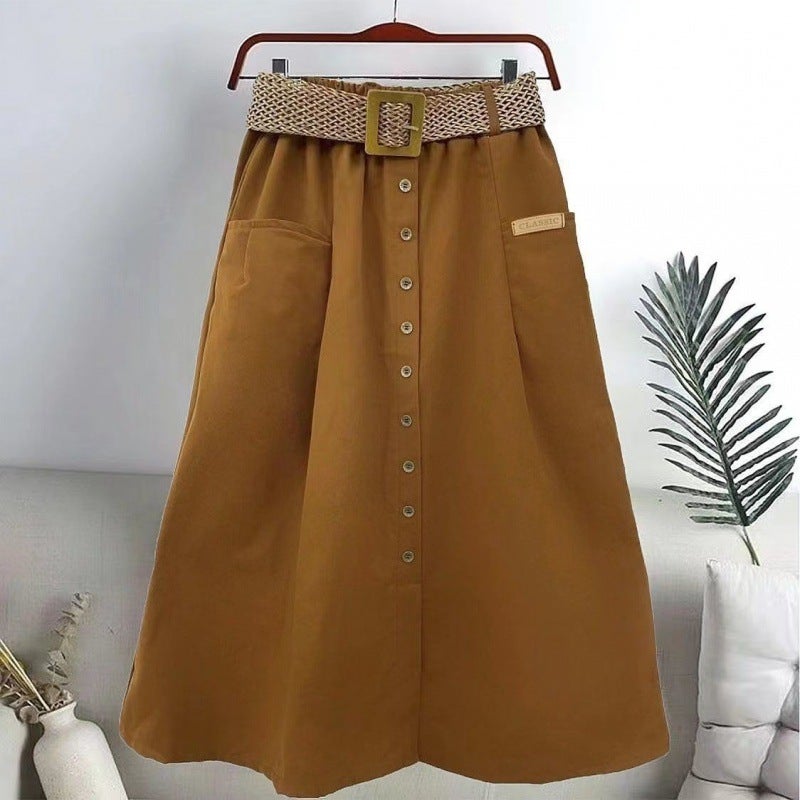 Cotton 2024 Spring and Summer New Korean Style Elastic High-waisted Skirt with Large Flap Pocket Pants Slits Slimming Look Mid-length A-line Skirt Brown [free belt]