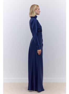 Manuka Satin Shoulder Draped Evening Dress Navy Blue  - Image 3
