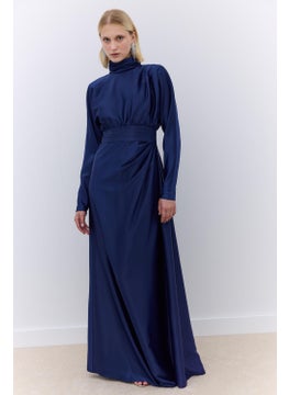 Manuka Satin Shoulder Draped Evening Dress Navy Blue  - Image 1