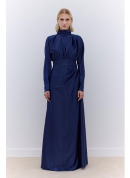 Manuka Satin Shoulder Draped Evening Dress Navy Blue  - Image 4