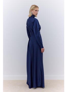 Manuka Satin Shoulder Draped Evening Dress Navy Blue  - Image 5