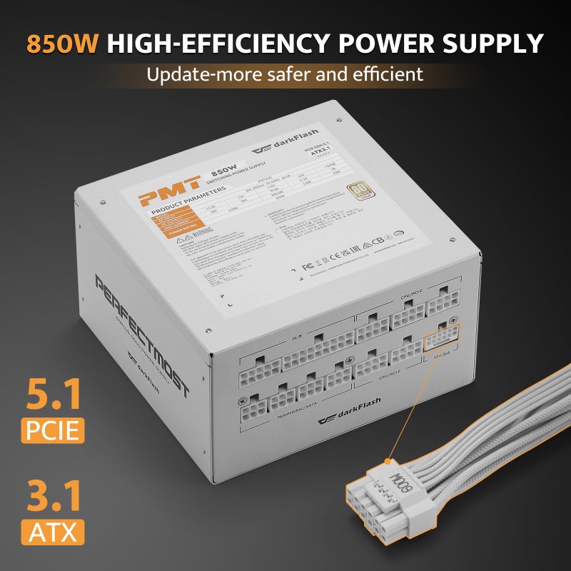 darkFlash PMT Fully Modular Power Supply ATX 3.1& PCIe 5.1 Ready, 2 x 12VHPWR Cable Included, 100% Japanese 105Â°C Capacitors, 80 Plus Gold Gaming PSU (80+ Gold (ATX 3.1) WT, 850 Watts) - Image 2