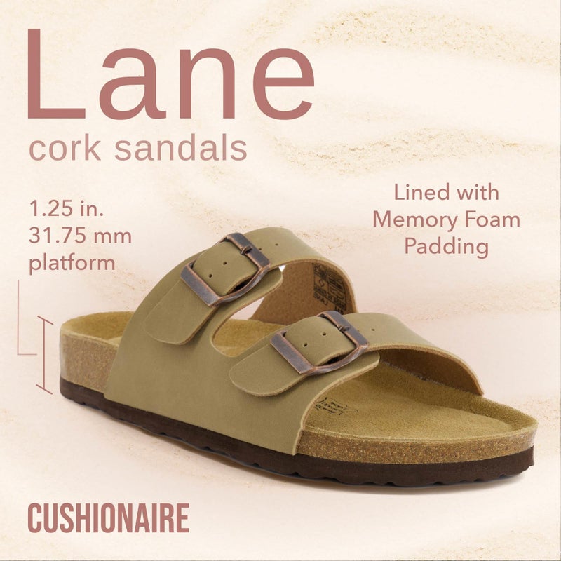 CUSHIONAIRE CUSHIONAIRE Lane Cork Footbed Sandals for Women – Comfortable Double Buckle Slip-On with Genuine Suede Footbed & Arch Support Slides for Women Footwear, TAUPE 8 - Image 2