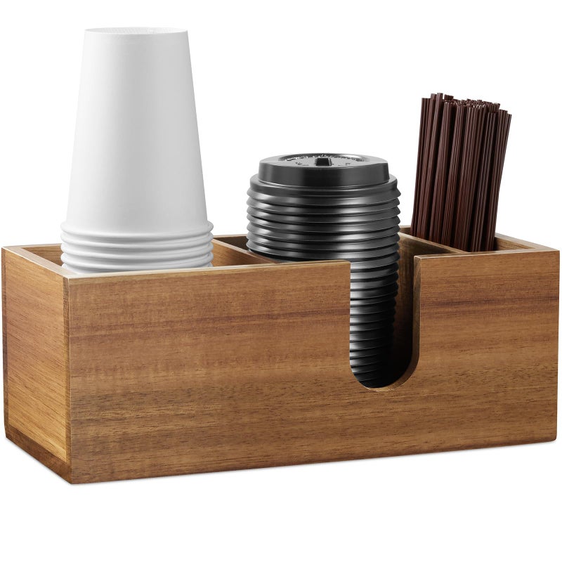 ALELION Acacia Wood Coffee Cup Holder for Countertop - Wood Coffee Bar Accessories and Organizer - Coffee Station Organizer for Cup Lid Stirrers Pod - Image 1