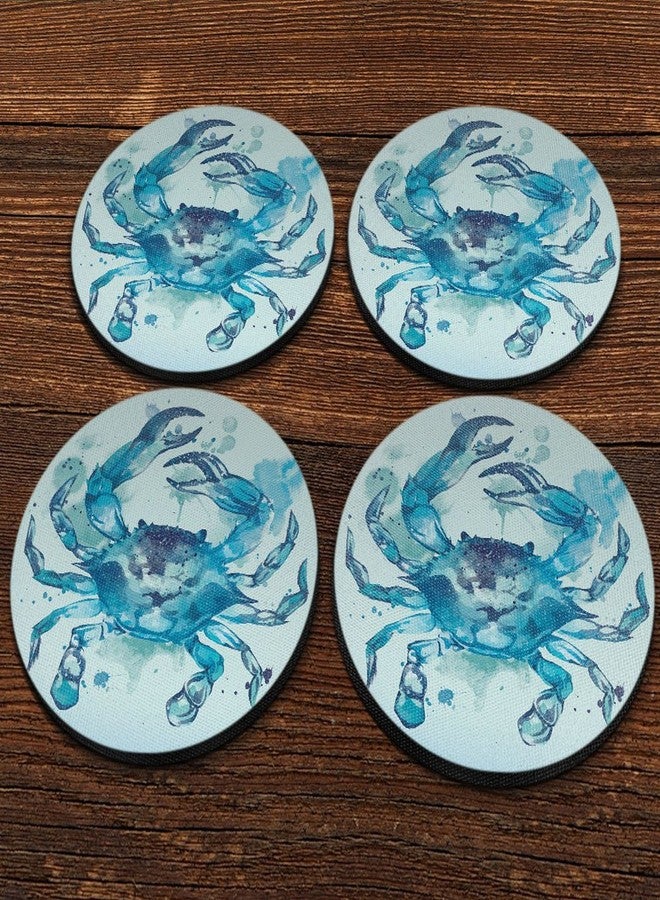 CARIBOU Coasters قواعد أكواب كاريبو، تصميم سرطان البحر الأزرق بالألوان المائية، قواعد أكواب دائرية ماصة من قماش اللباد والنيوبرين للمشروبات، مجموعة من 4 قطع - Image 2