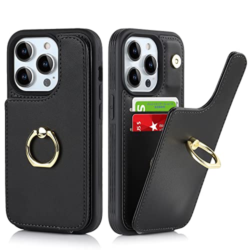 Lipvina for iPhone 13 Pro Case with Card Holder,Credit Card Holder,Ring Stand Kickstand,Flip Shockproof Phone Wallet Case for Women Men (6.1 inch,Black) - Image 1