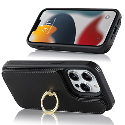 Lipvina for iPhone 13 Pro Case with Card Holder,Credit Card Holder,Ring Stand Kickstand,Flip Shockproof Phone Wallet Case for Women Men (6.1 inch,Black) - Image 3