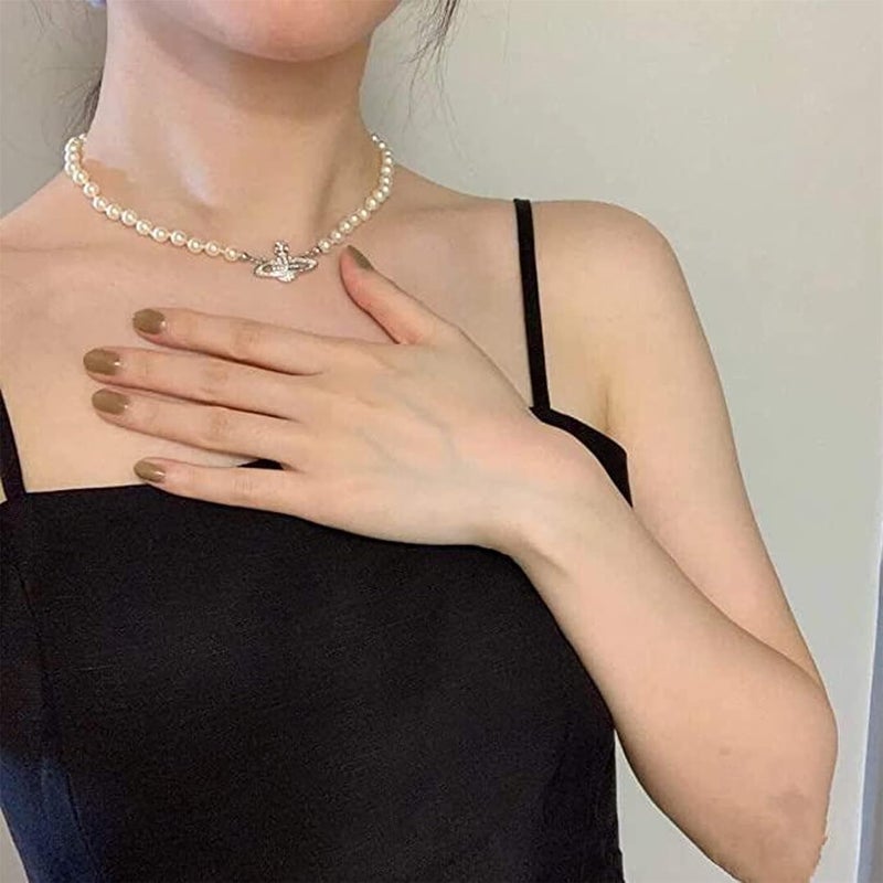 cheekyglo Planet Pearl Necklace Saturn Pearl Bracelet Pearl Crystal Saturn Planet Necklace Bracelet Adjustable Wedding Choker Jewelry Gifts for Best Friend Girlfriend Birthday Anniversary,Gold Necklace - Image 2