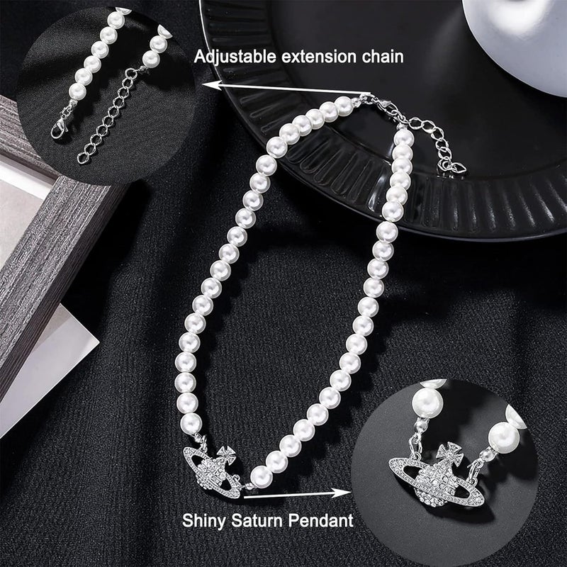 cheekyglo Planet Pearl Necklace Saturn Pearl Bracelet Pearl Crystal Saturn Planet Necklace Bracelet Adjustable Wedding Choker Jewelry Gifts for Best Friend Girlfriend Birthday Anniversary,Gold Necklace - Image 4