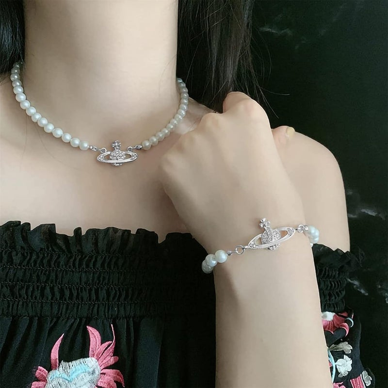 cheekyglo Planet Pearl Necklace Saturn Pearl Bracelet Pearl Crystal Saturn Planet Necklace Bracelet Adjustable Wedding Choker Jewelry Gifts for Best Friend Girlfriend Birthday Anniversary,Gold Necklace - Image 5