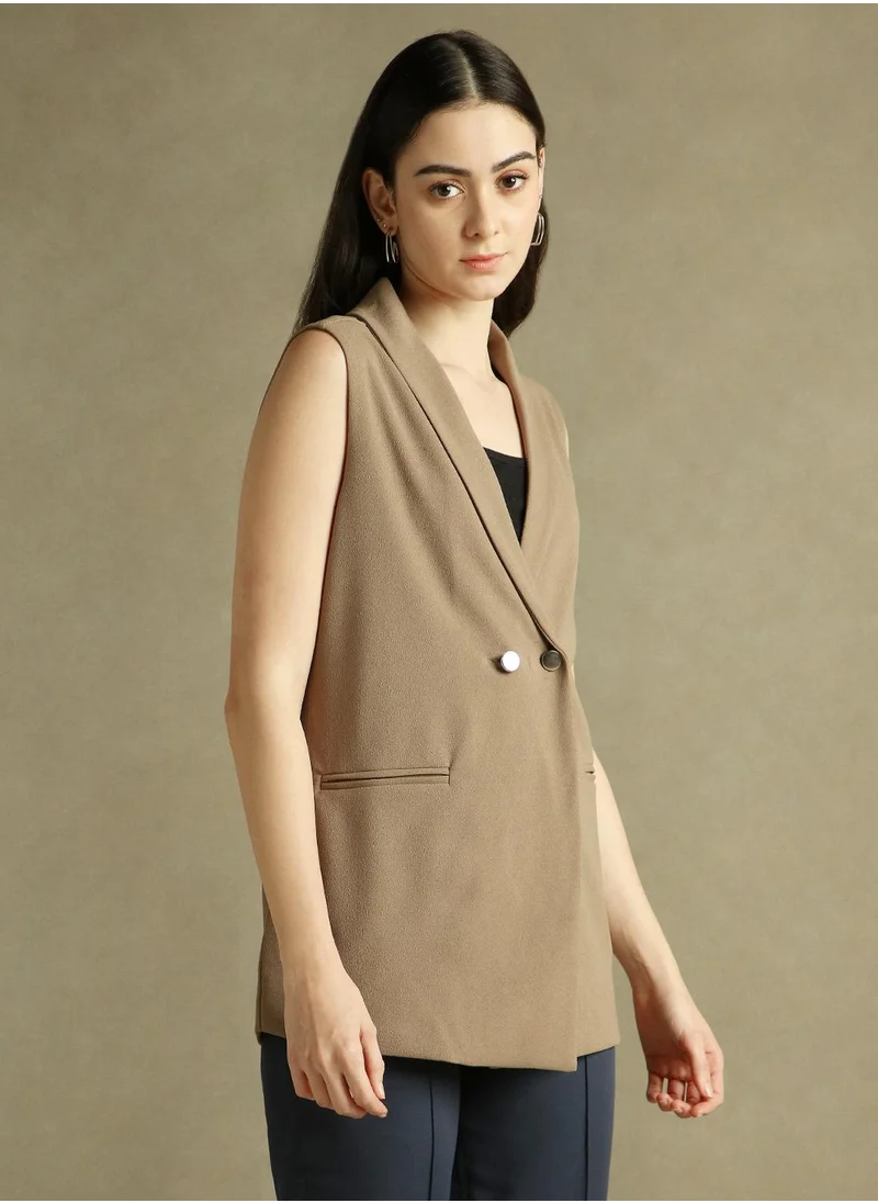 Dennis Lingo Women's Brown 100% Polyester Solid Regular Fit Blazer