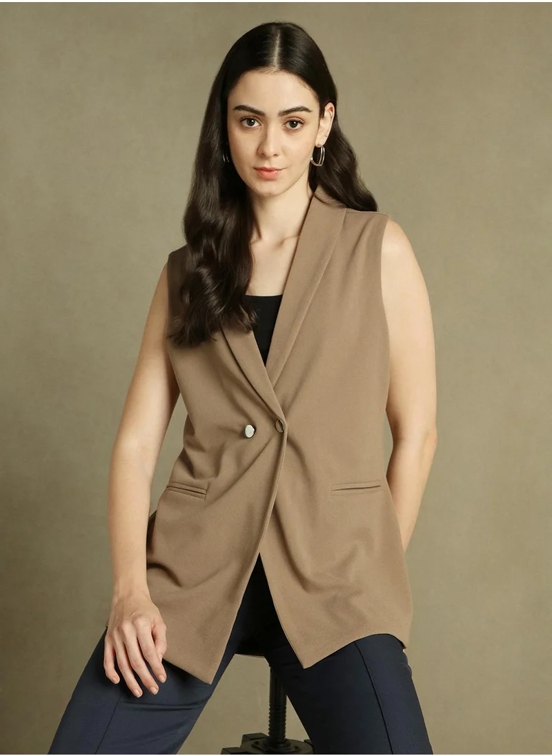 Dennis Lingo Women's Brown 100% Polyester Solid Regular Fit Blazer