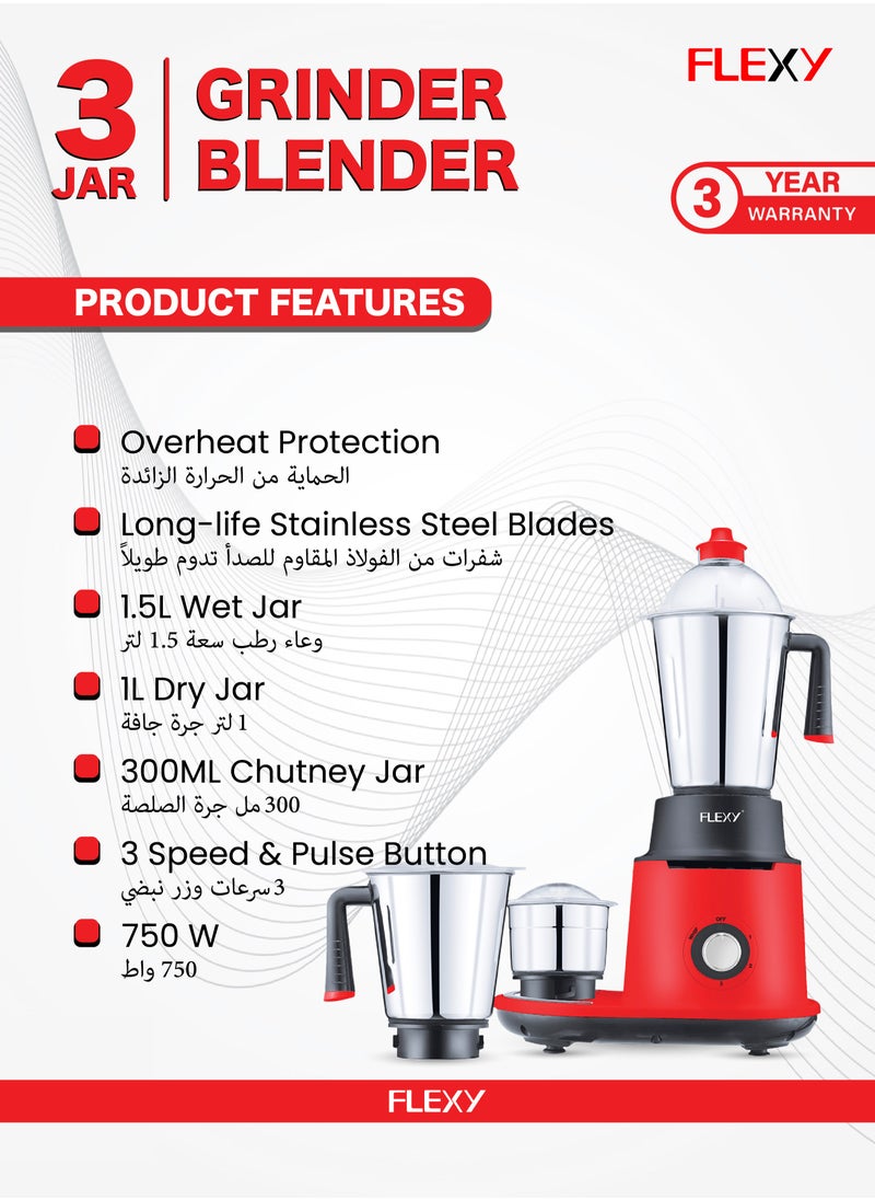 Flexy FLEXY 3-in-1 Blender, 750W Pure Copper Motor, 3 Stainless Steel Jars, Multi-Purpose Blades, Compact Design, Fail-Safe Couplers, Made in India, 3-Year Warranty.  - Image 2