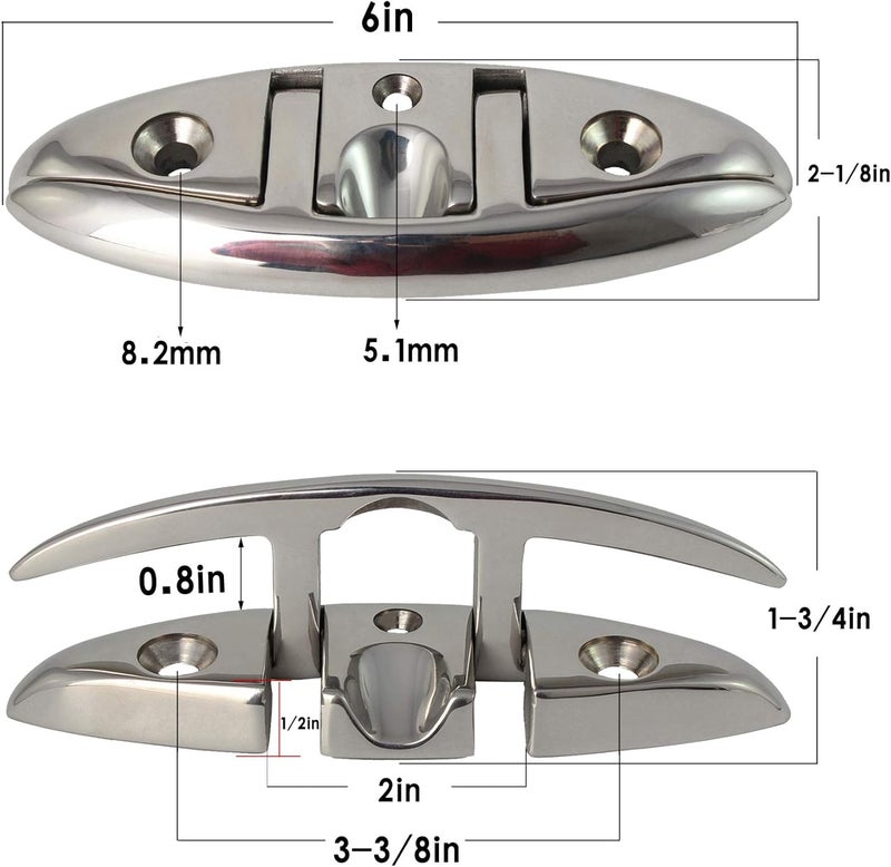 VEITHI 316 Stainless Steel Boat Folding Cleats Boat Dock Cleats 5/6/8.5 inch, Flip up Dock Cleat for Deck and Boat, Dock Cleats Folding Cleat Rope Cleat Boat Cleats with Fasteners (1,2,4,6 Pack) - Image 2