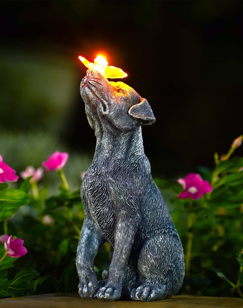 Goodeco Dog Statue with Solar Butterfly  Ideal Gifts for Dad Mom or Birthdays Beautifully Crafted Outdoor Decorations to Wow Your Guests