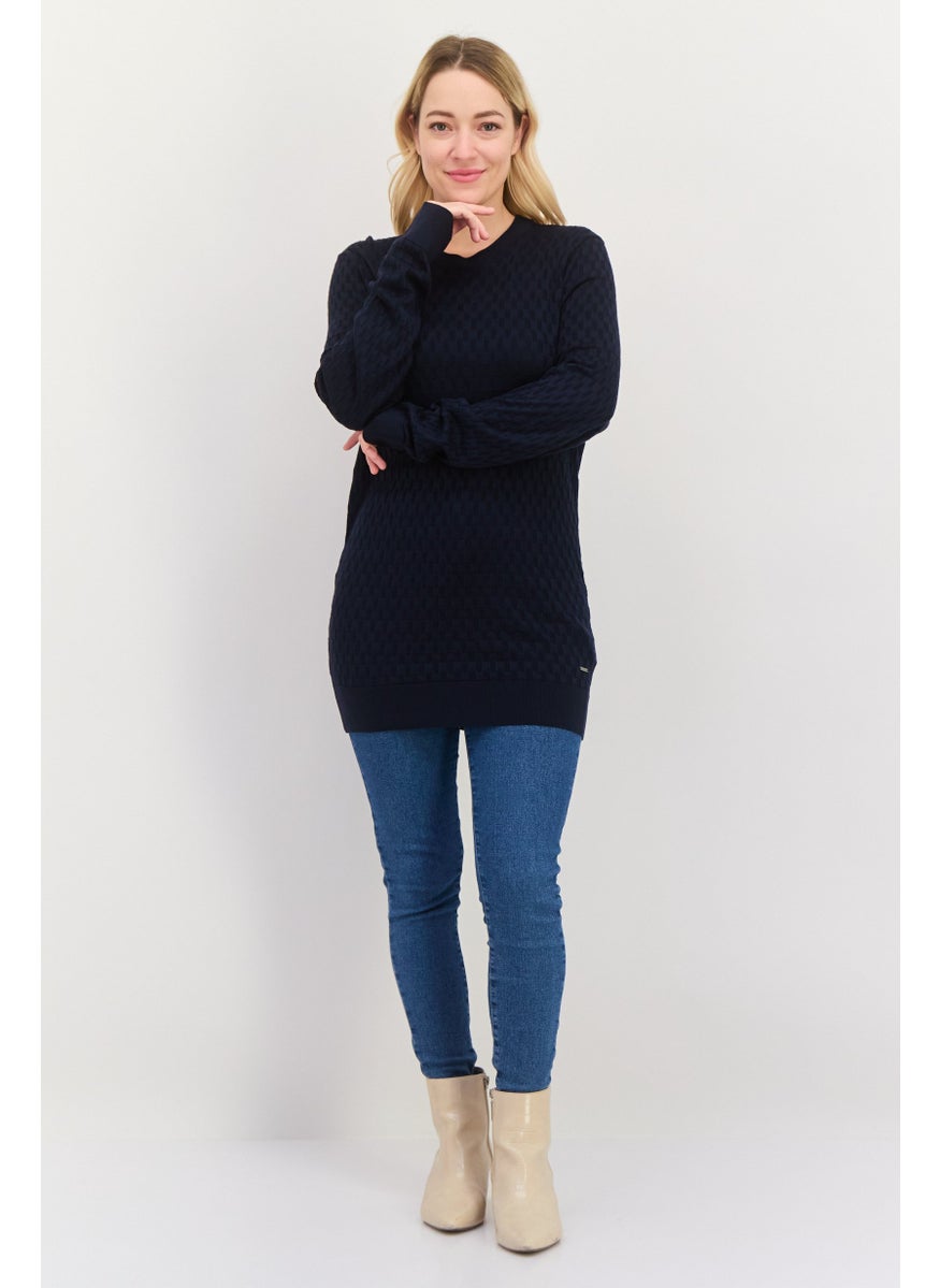 BOSS Women Crew Neck Knitted  Long Sleeves Sweater, Navy Blue  - Image 3