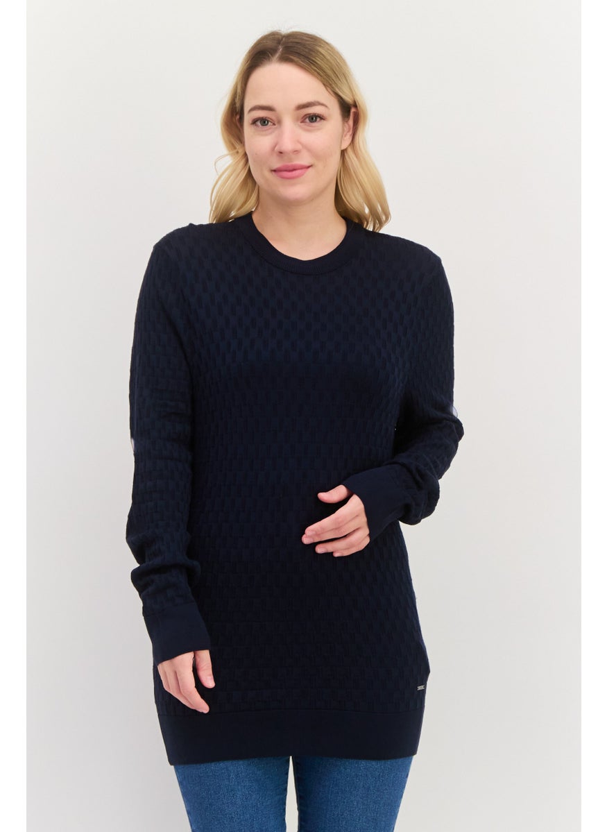 BOSS Women Crew Neck Knitted  Long Sleeves Sweater, Navy Blue  - Image 1