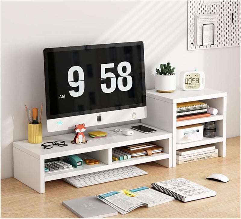 Olpad Adjustable Dual Monitor Stand with Storage Organizer, Wooden Desktop Riser for Monitors, Bamboo Corner Desk, Ergonomic Computer Riser with Pen Holder and Organizer ("Monitor Stand (white) 6 Box ") - Image 1
