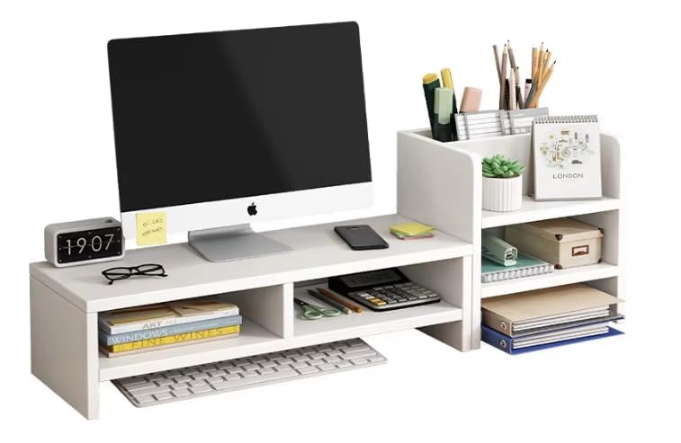 Olpad Adjustable Dual Monitor Stand with Storage Organizer, Wooden Desktop Riser for Monitors, Bamboo Corner Desk, Ergonomic Computer Riser with Pen Holder and Organizer ("Monitor Stand (white) 6 Box ") - Image 4