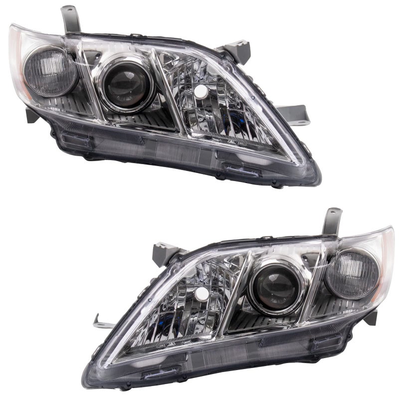 TRQ 2 Piece Headlight Assembly Set Halogen Chrome Bezel Driver Passenger Side Compatible with Toyota Camry 20072009 TO2518105 TO2519105