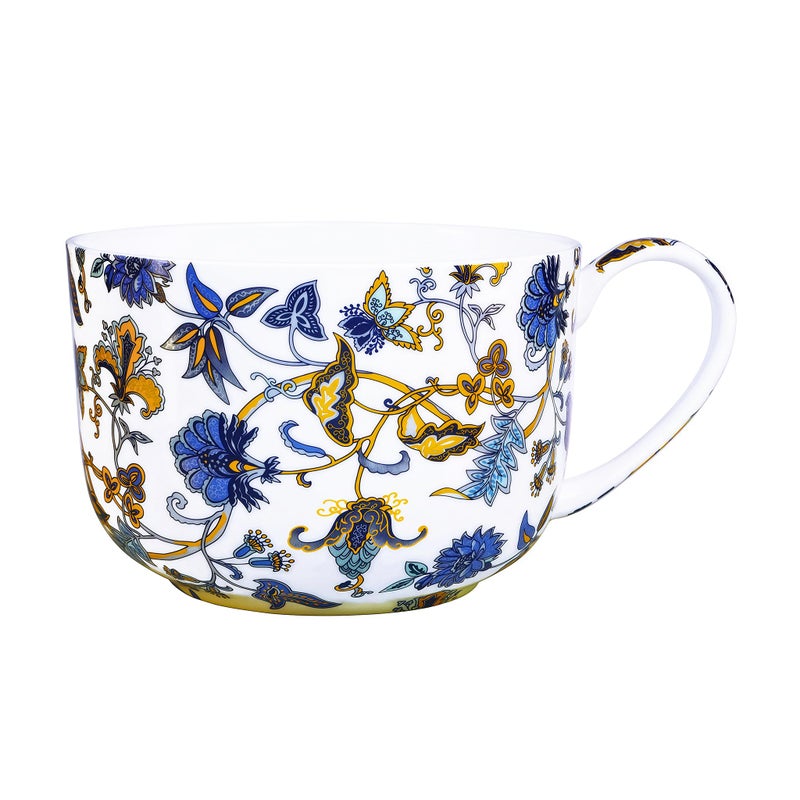 LanHong 25 Ounce Bone China Soup Bowls with Handles Large Soup Mug for Coffee Cereal Oatmeal Latte Flora Soup Bowl Bone China Soup Cup Microwave Safe (Blue) - Image 1