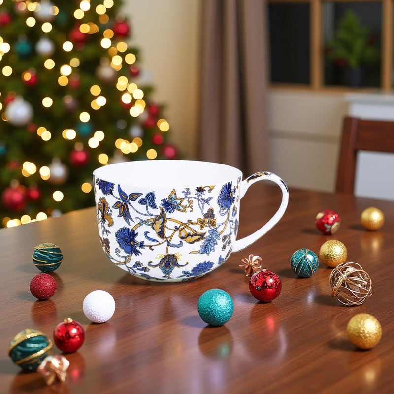 LanHong 25 Ounce Bone China Soup Bowls with Handles Large Soup Mug for Coffee Cereal Oatmeal Latte Flora Soup Bowl Bone China Soup Cup Microwave Safe (Blue) - Image 4