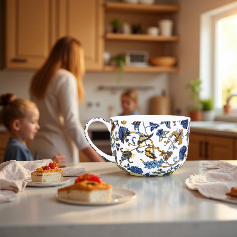 LanHong 25 Ounce Bone China Soup Bowls with Handles Large Soup Mug for Coffee Cereal Oatmeal Latte Flora Soup Bowl Bone China Soup Cup Microwave Safe (Blue) - Image 3