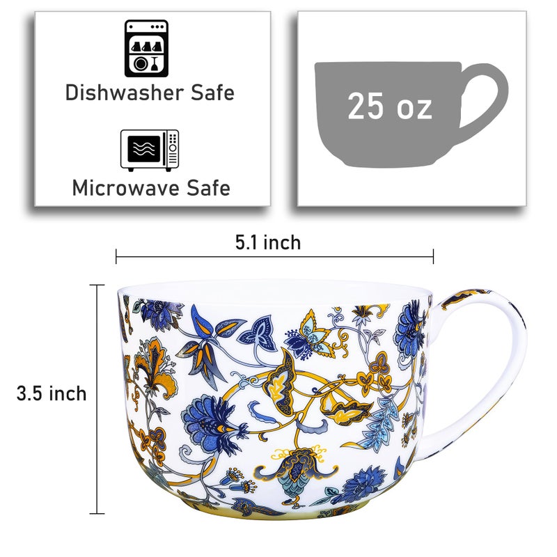 LanHong 25 Ounce Bone China Soup Bowls with Handles Large Soup Mug for Coffee Cereal Oatmeal Latte Flora Soup Bowl Bone China Soup Cup Microwave Safe (Blue) - Image 2