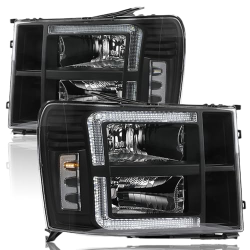 GPLUS مجموعة مصابيح LED DRL متوافقة مع GMC Sierra 1500 2007-2013/تناسب GMC Sierra 2500 HD 3500 HD 2007-2014 مصابيح أمامية يسار ويمين عدسة شفافة هيكل أسود عاكس شفاف - Image 1