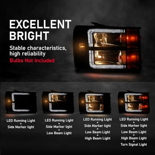 GPLUS مجموعة مصابيح LED DRL متوافقة مع GMC Sierra 1500 2007-2013/تناسب GMC Sierra 2500 HD 3500 HD 2007-2014 مصابيح أمامية يسار ويمين عدسة شفافة هيكل أسود عاكس شفاف - Image 3