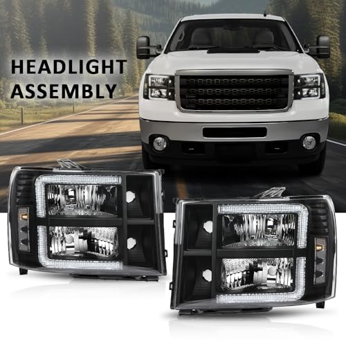 GPLUS مجموعة مصابيح LED DRL متوافقة مع GMC Sierra 1500 2007-2013/تناسب GMC Sierra 2500 HD 3500 HD 2007-2014 مصابيح أمامية يسار ويمين عدسة شفافة هيكل أسود عاكس شفاف - Image 5