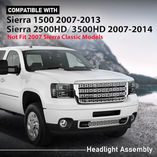 GPLUS مجموعة مصابيح LED DRL متوافقة مع GMC Sierra 1500 2007-2013/تناسب GMC Sierra 2500 HD 3500 HD 2007-2014 مصابيح أمامية يسار ويمين عدسة شفافة هيكل أسود عاكس شفاف - Image 2