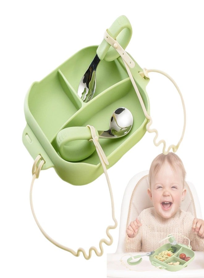 DAECHAO Silicone Tableware for Baby, Silicone Divided Suction Plate for Babies with Built-in Suction Cups, Baby Spoons, Babies Attachable Tethers, Divided Design for Picky Eaters, Baby Led Weaning Supplies - Image 1
