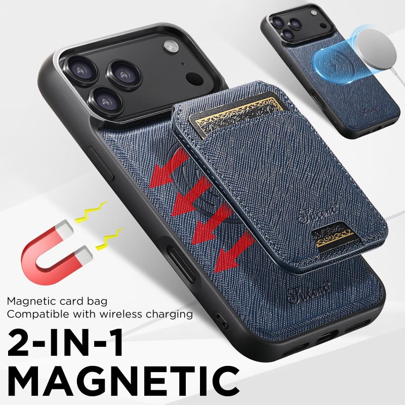 Suteni For Iphone 17 Pro Max H18 Cross Grain Magsafe Wallet Leather Phone Case(Blue) - Image 3