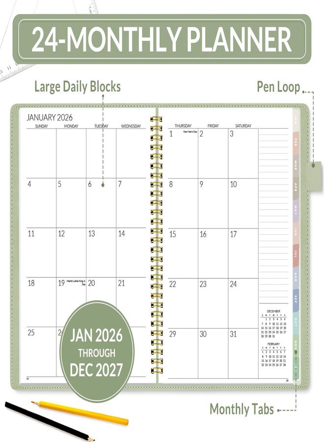 ساني مخطط سوني الشهري 2025-2026، مقاس 7.3 × 10.1 بوصة - سنتان (يناير 2025 - ديسمبر 2026)، غلاف من الجلد النباتي، مخطط شهري وتقويم سنوي، رمادي مخضر - Image 2