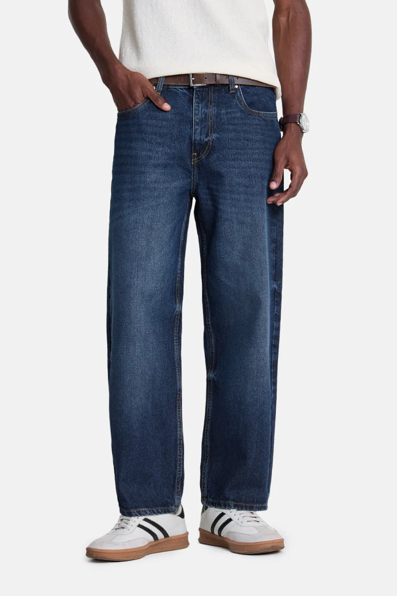 SNITCH Blue Solid Loose Fit Streetwear Jeans