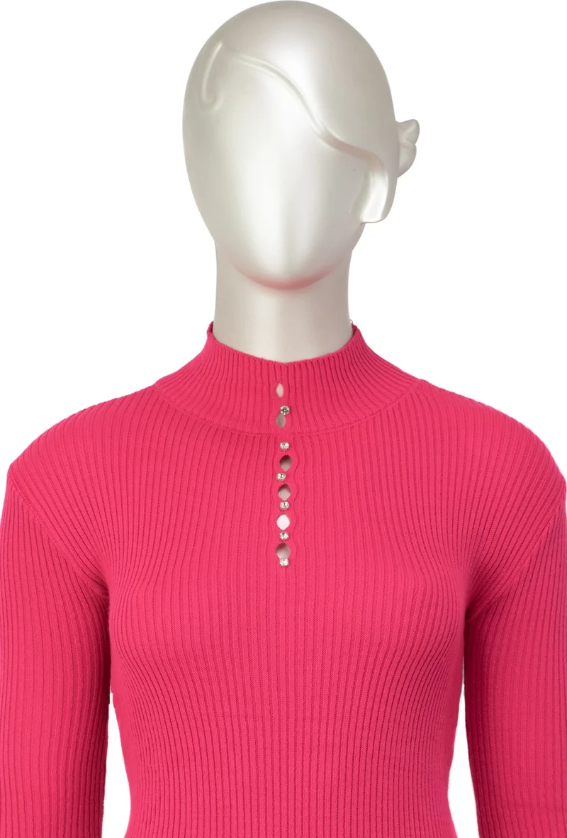 Oppland Women's Winter Stylish Stoned Half Collar Long Sleeve Fitted Lycra Knitted Knitwear Badi Sweater on the Chest