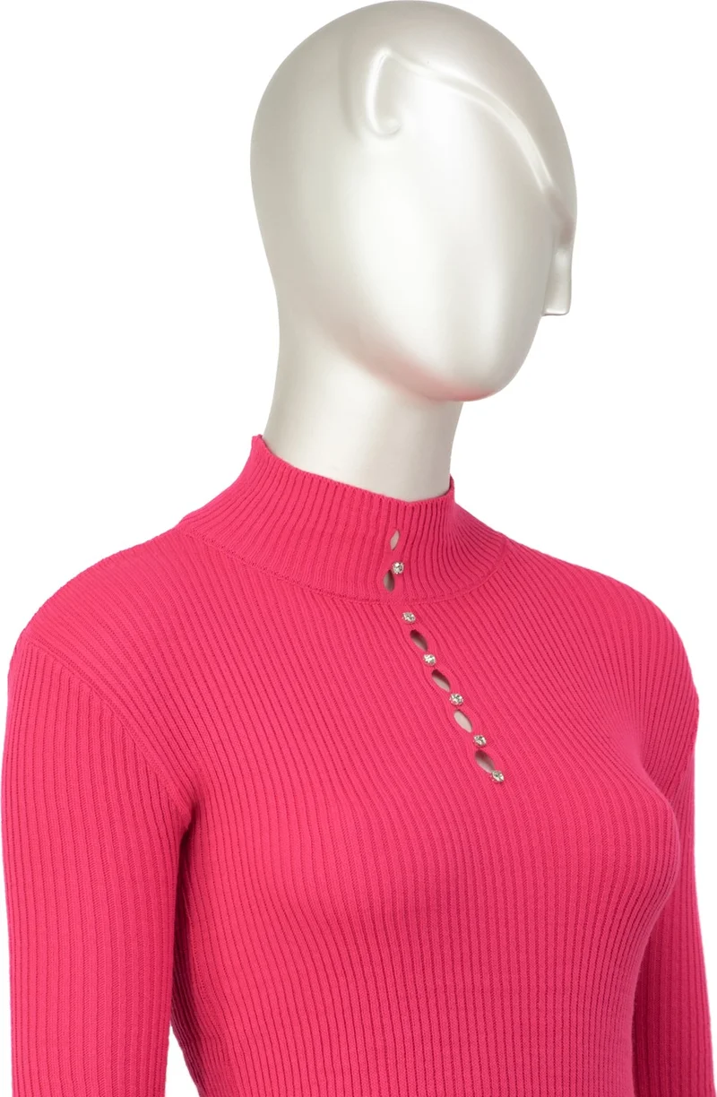 Oppland Women's Winter Stylish Stoned Half Collar Long Sleeve Fitted Lycra Knitted Knitwear Badi Sweater on the Chest