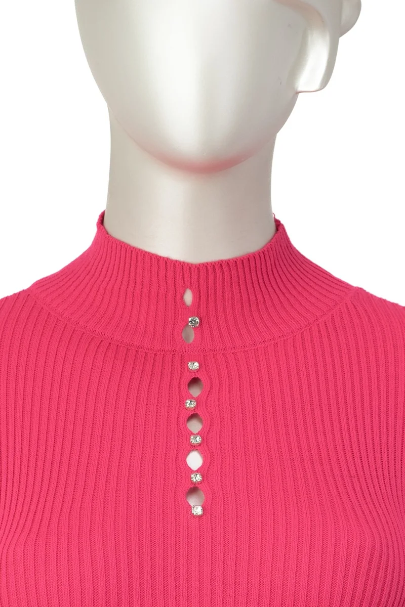 Oppland Women's Winter Stylish Stoned Half Collar Long Sleeve Fitted Lycra Knitted Knitwear Badi Sweater on the Chest