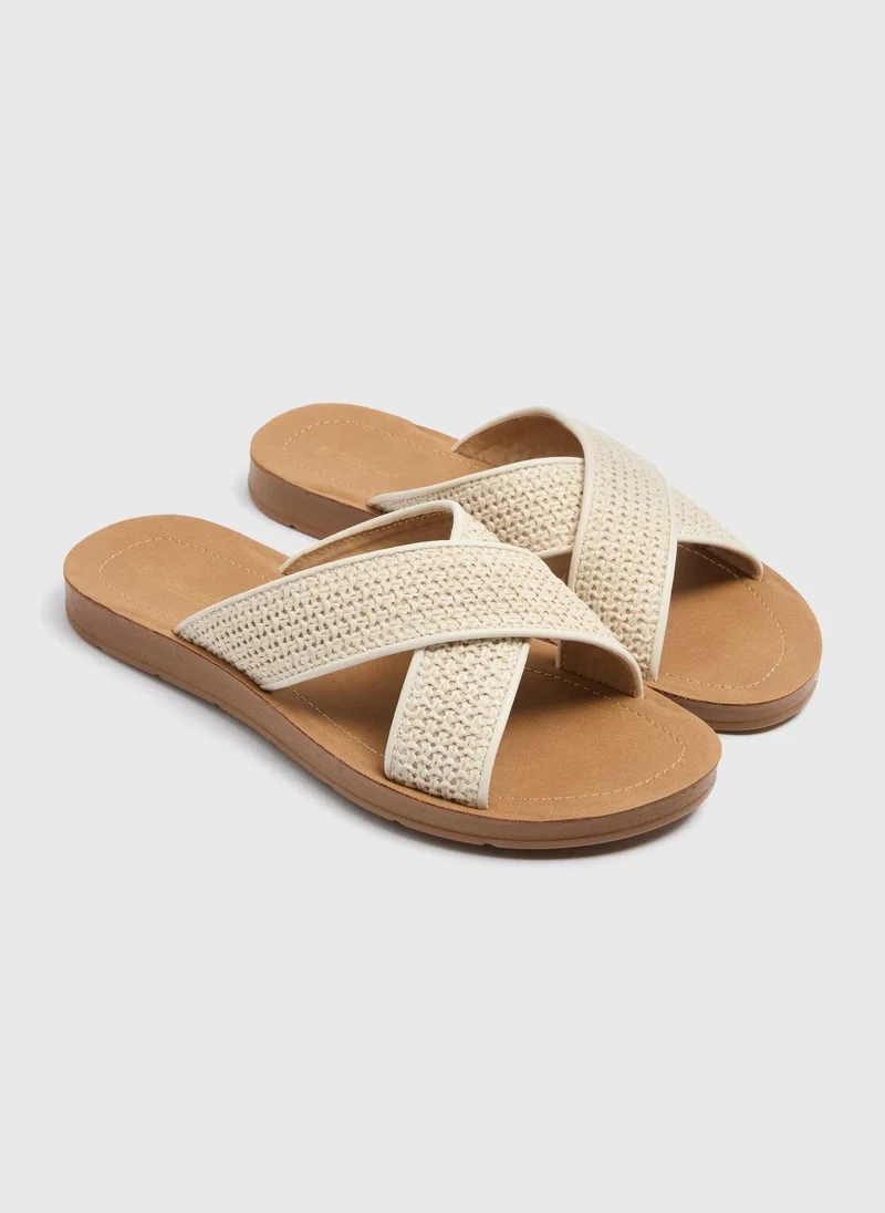 Matalan Soleflex Stone Raffia Cross Strap Slider Sandals