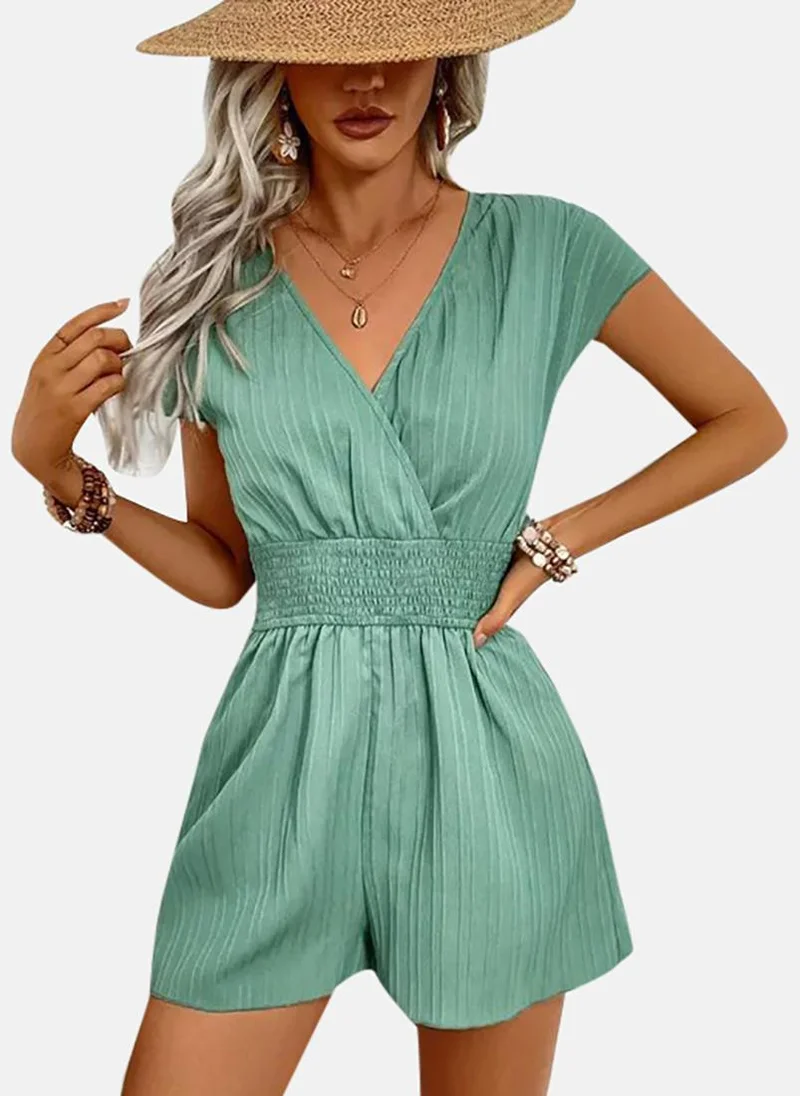 يونيكي Green Solid Relaxed Fit Plunge Neck JumpSuit