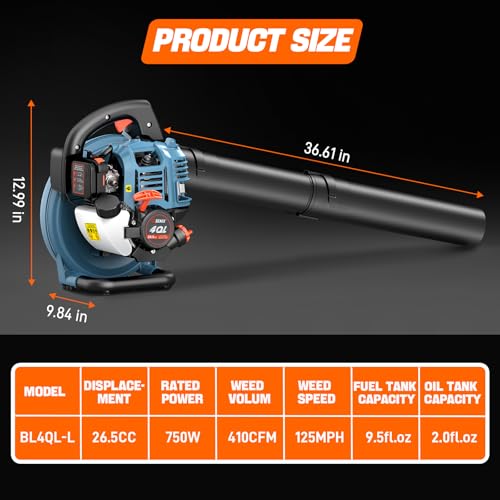 SENIX 4QL 26.5 cc 4-Cycle Handheld Gas Powered Leaf Blower for Lawn Care Clean Up, Up to 410 CFM and 125 MPH, Light Weight, Dual Grip Handle, BL4QL-L, Blue - Image 3