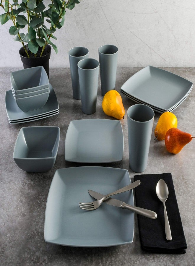 Gibson Home Soho Grayson Square Melamine Plastic Dinnerware Set, Service for Four (16pcs), Grey - Image 5