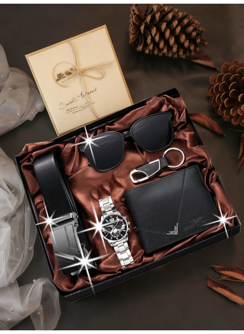 أزياء جديدة كلاسيكية رجالي الفولاذ المقاوم للصدأ ووتش مجموعة ، مع نظارات داكنة سوداء ، حزام من الجلد ، محافظ وسلاسل المفاتيح ، هدية مثالية لعيد ميلاده