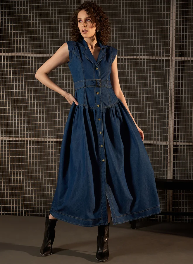 StyleStone StyleStone Denim Sleeveless Buttoned Maxi Dress with Belt