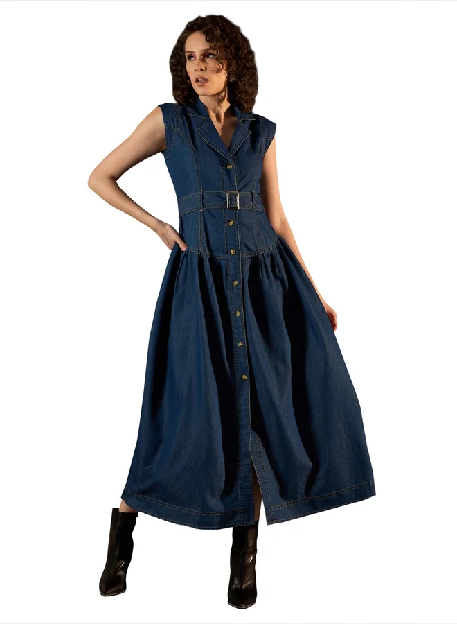 StyleStone  StyleStone Denim Sleeveless Buttoned Maxi Dress with Belt for Women | Best Price UAE