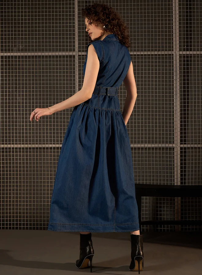 StyleStone  StyleStone Denim Sleeveless Buttoned Maxi Dress with Belt for Women | Best Price UAE